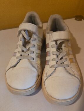 adidas Kids White Sneakers with Pastel Stripe Accents